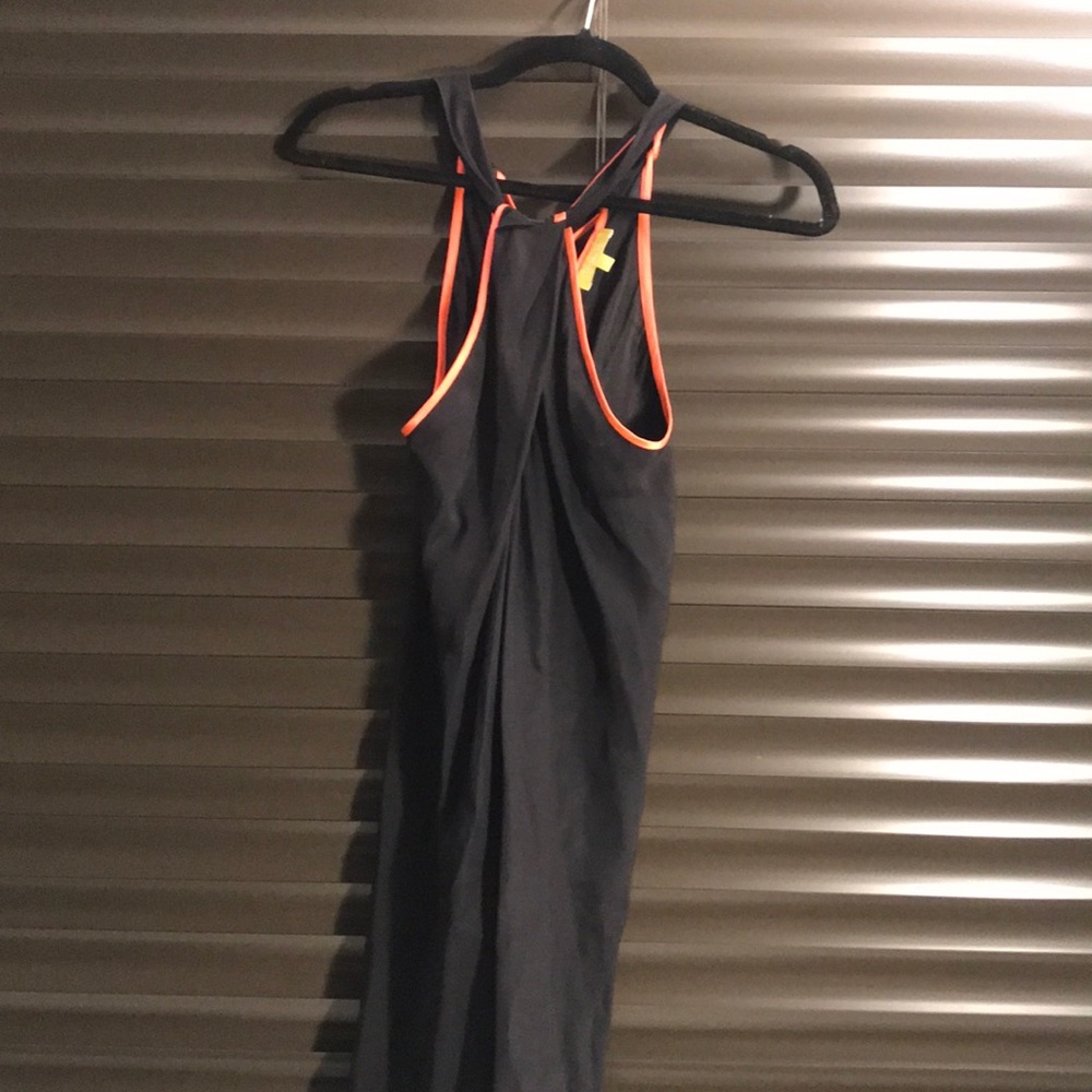 Black halter silk dress with pink neon lining